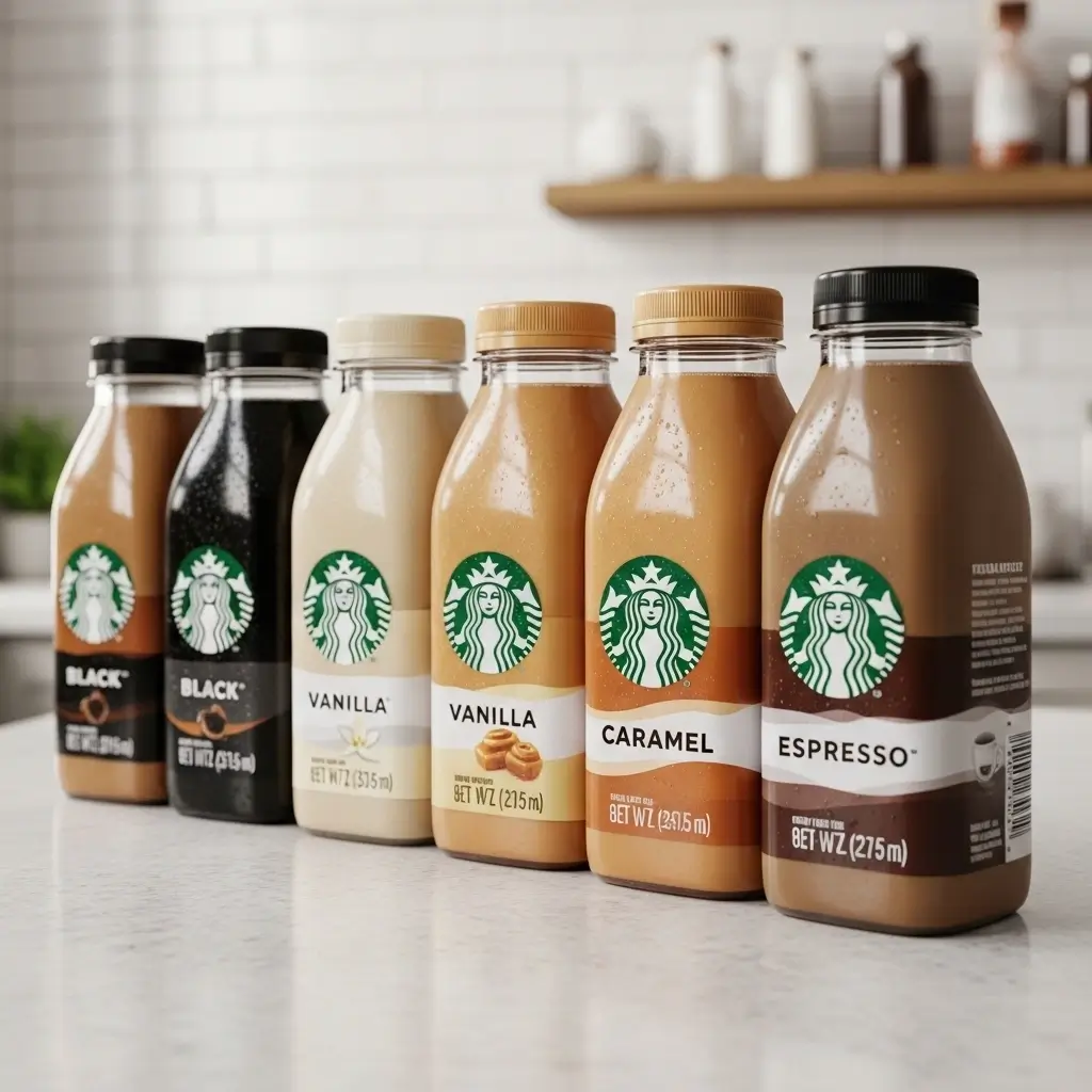 Popular Starbucks bottled iced coffee varieties including black, vanilla, caramel, and espresso on a clean surface.