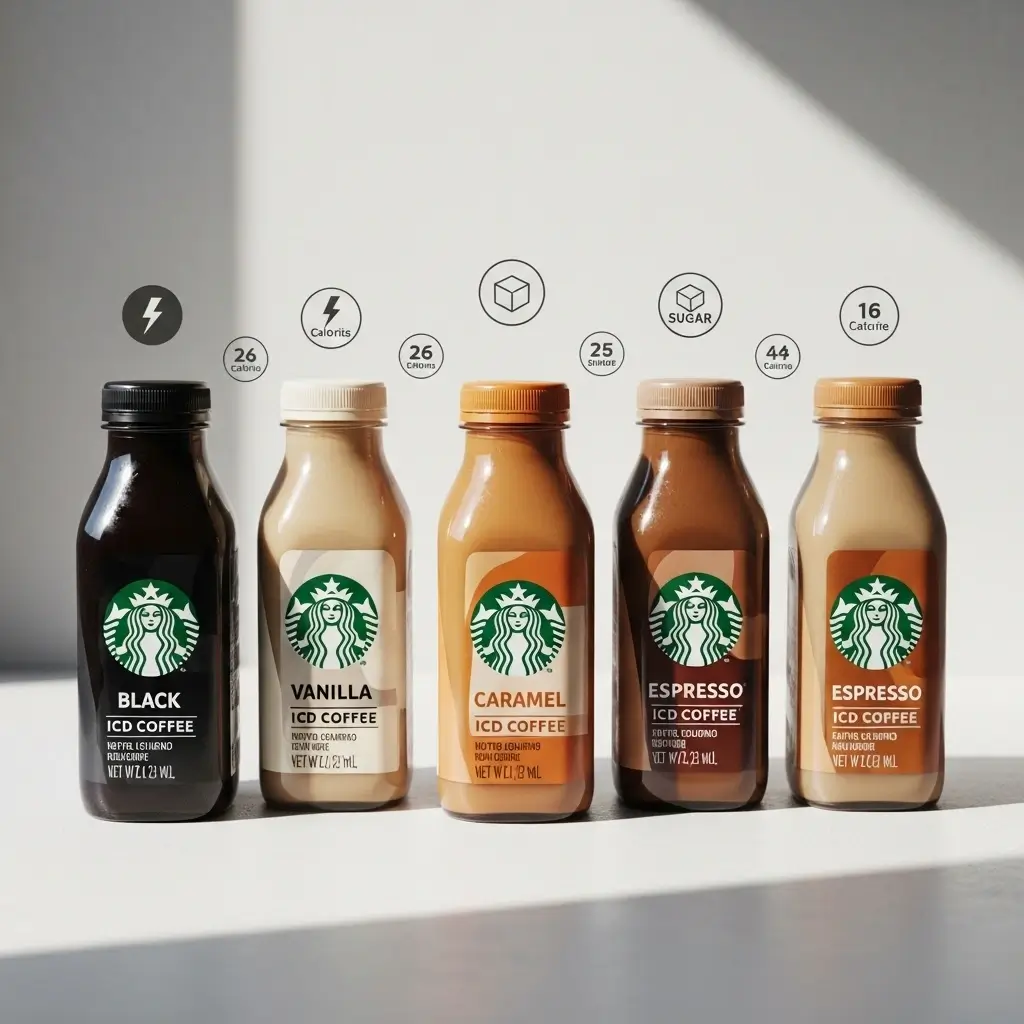 Starbucks bottled iced coffee varieties with icons representing sugar, calories, and caffeine content.