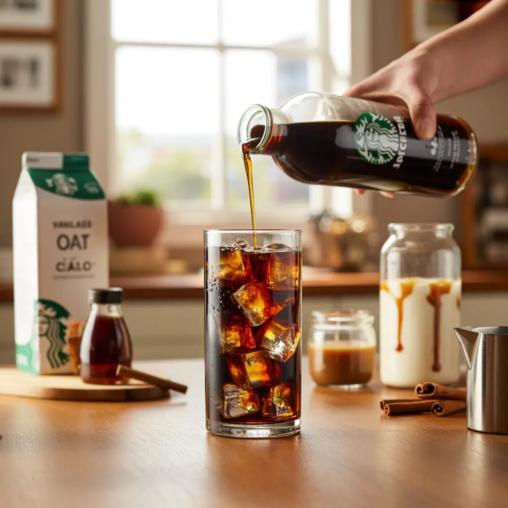 Starbucks bottled iced coffee poured over ice with flavor add-ins like syrup, milk, and caramel nearby.