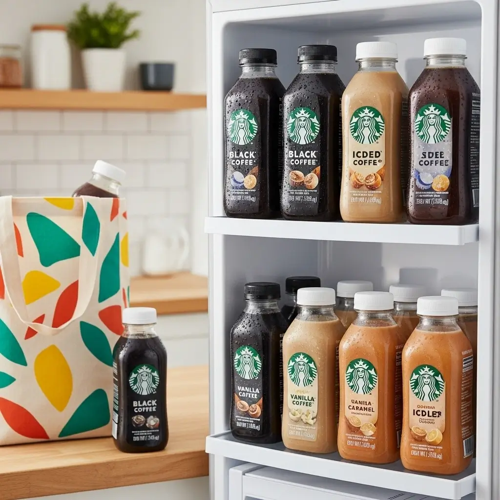 Starbucks bottled iced coffee stored neatly in a fridge and one in a reusable bag on a kitchen counter.