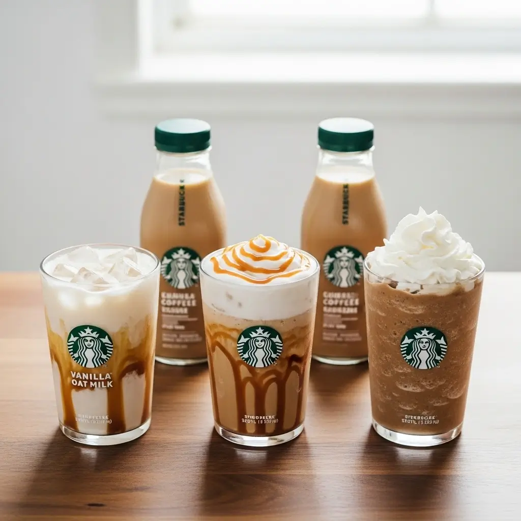 Three Starbucks bottled iced coffee recipe variations in glasses with toppings and ingredients nearby.