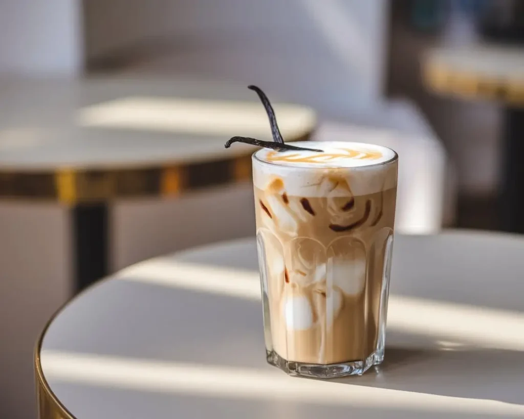 Iced vanilla latte with ice cubes and creamy swirls in a clear glass on a café table.