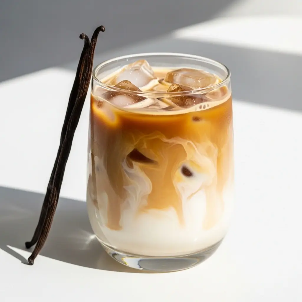 Iced vanilla latte with creamy swirls, vanilla specks, and ice in a clear glass.