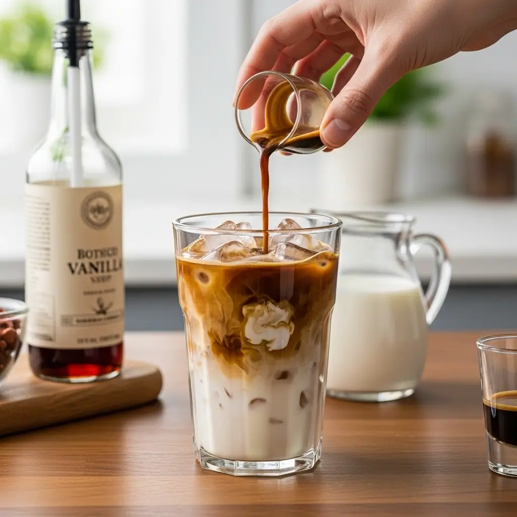 Homemade iced vanilla latte being poured into a clear glass with ice, vanilla syrup, and milk.