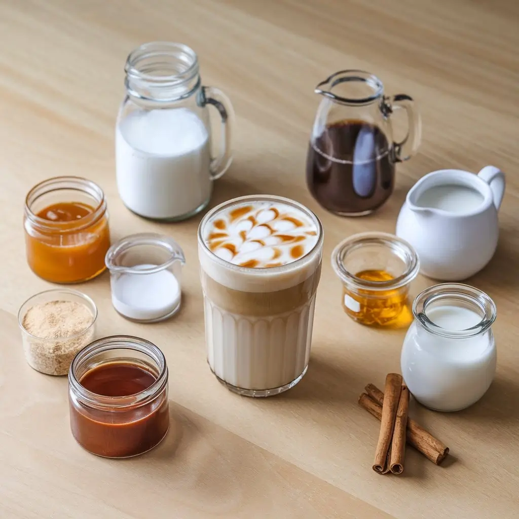 Iced vanilla latte with customization options including different milks, syrups, and sweeteners.