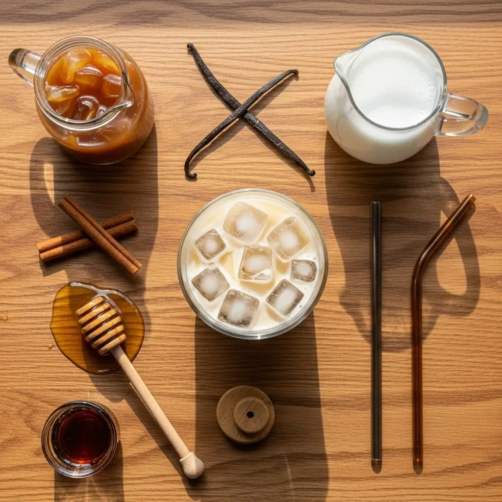 Iced vanilla latte with creative add-ins and toppings like caramel, cinnamon, and flavored syrups.