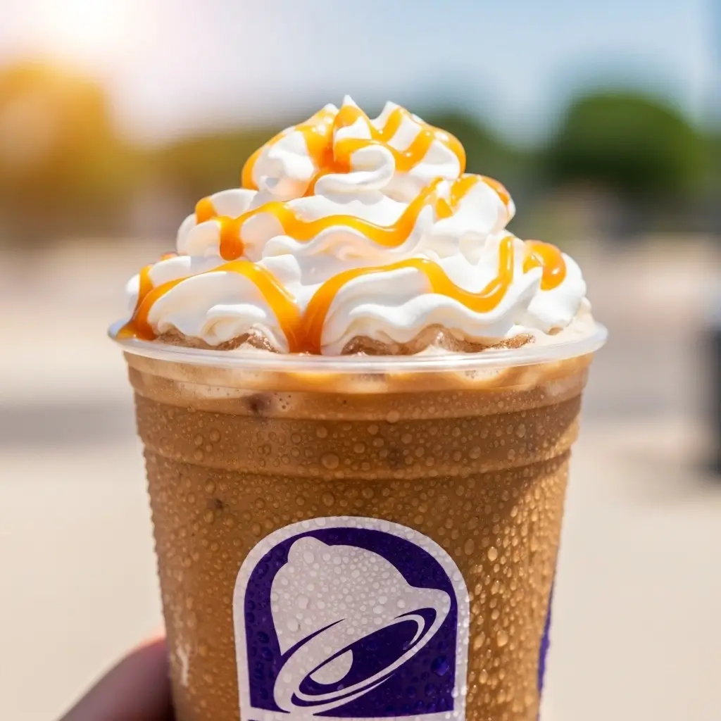 Hand holding Taco Bell iced coffee with whipped cream and caramel under bright summer sunlight.