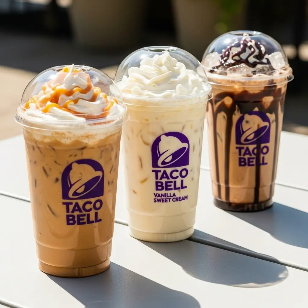 Three Taco Bell iced coffee cups with caramel, vanilla, and chocolate flavored iced coffees on a sunny outdoor table.