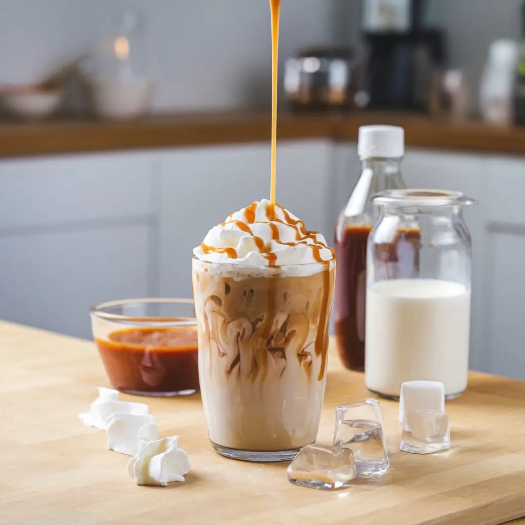 Homemade iced coffee with whipped cream and caramel drizzle, with syrup and milk bottles nearby.