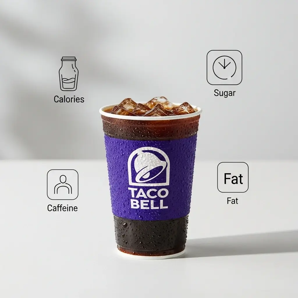 Taco Bell iced coffee with floating icons showing nutrition facts like calories, sugar, caffeine, and fat.