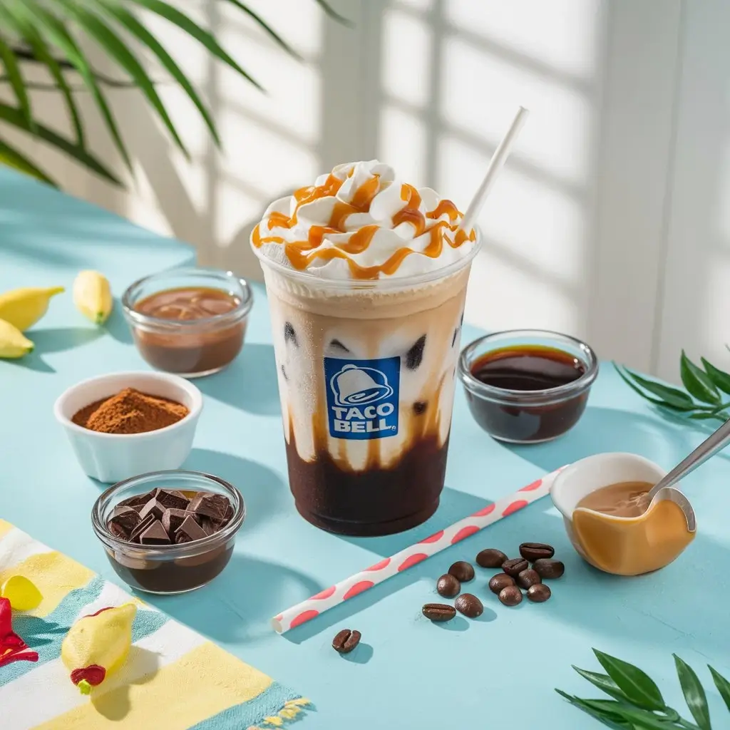 Taco Bell iced coffee with whipped cream and caramel surrounded by flavor mix-ins on a summer table.