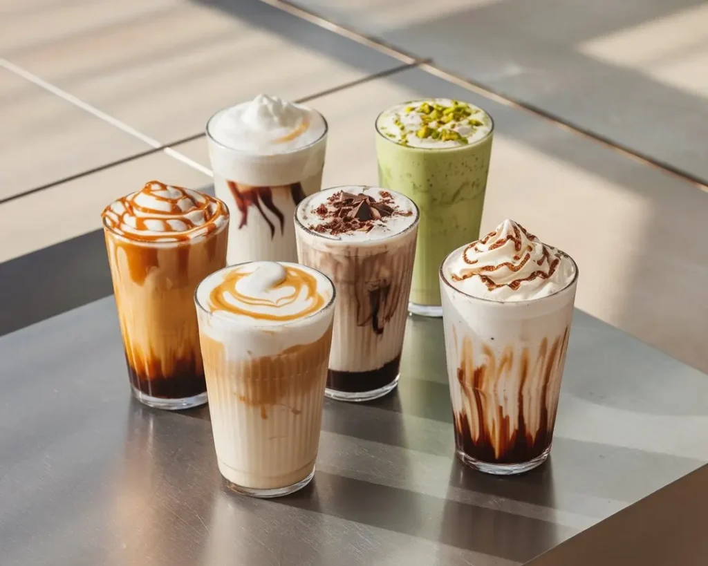 Six iced coffee flavors including caramel, vanilla, mocha, pistachio, and hazelnut in clear glasses.