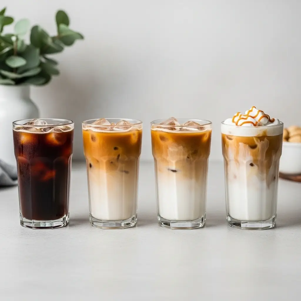 Classic iced coffee flavors including black, latte, vanilla latte, and caramel macchiato in clear glasses.