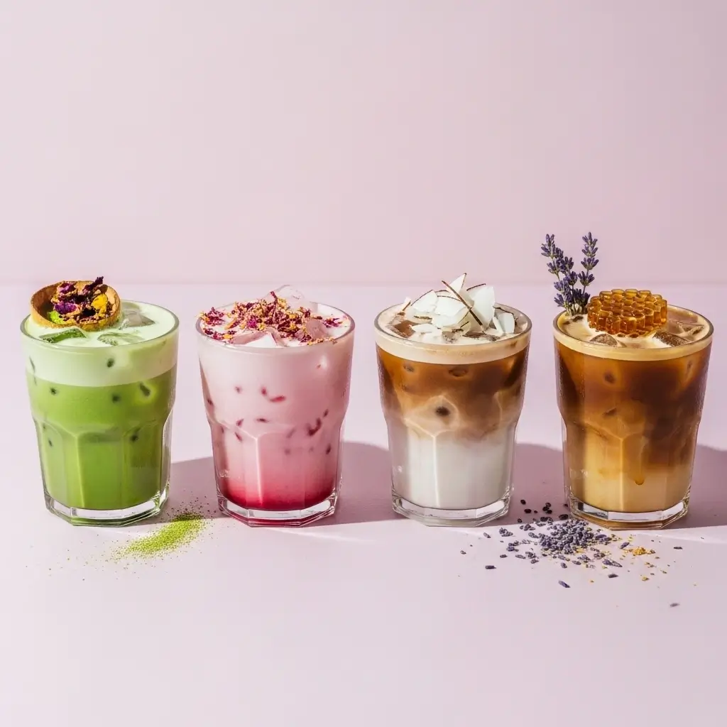 Trendy iced coffee flavors including matcha espresso, rose vanilla, coconut mocha, and honey lavender in clear glasses.