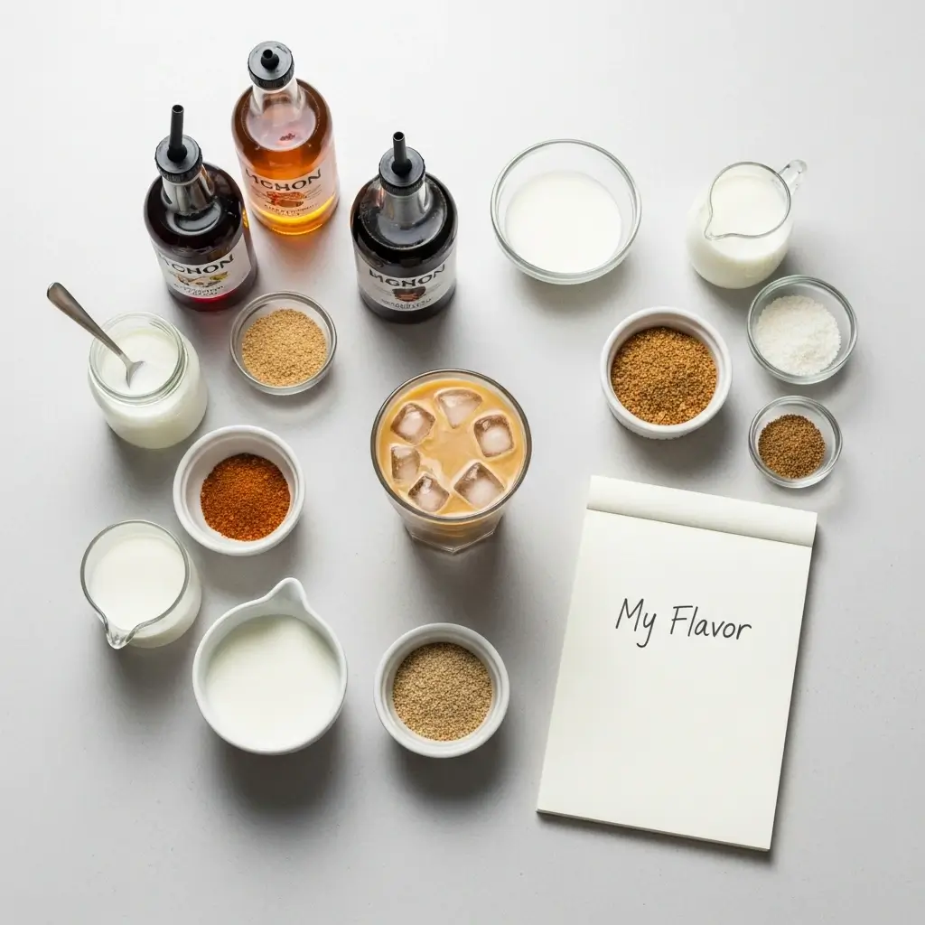 Iced coffee surrounded by syrups, milks, spices, and toppings with a notepad labeled "My Flavor."