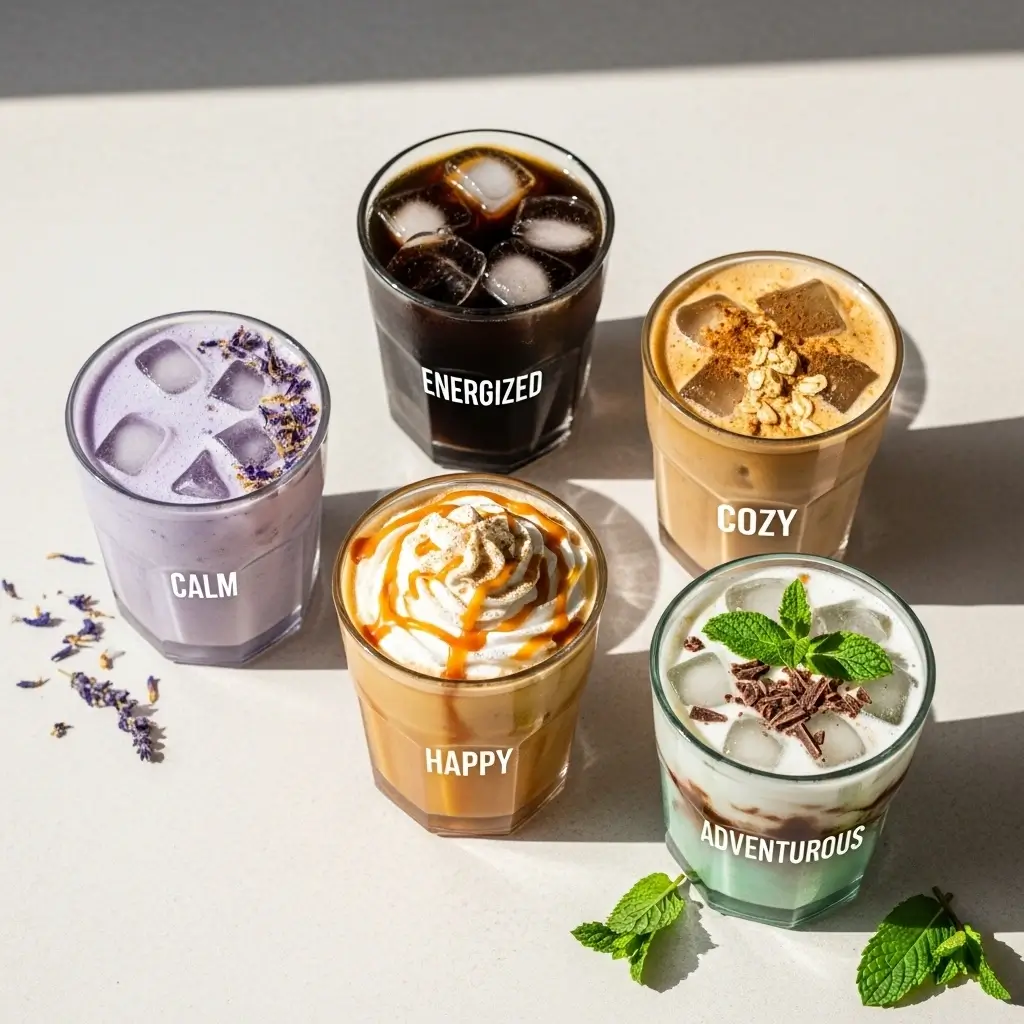 Five iced coffee drinks styled to match different moods: calm, energized, cozy, happy, and adventurous.