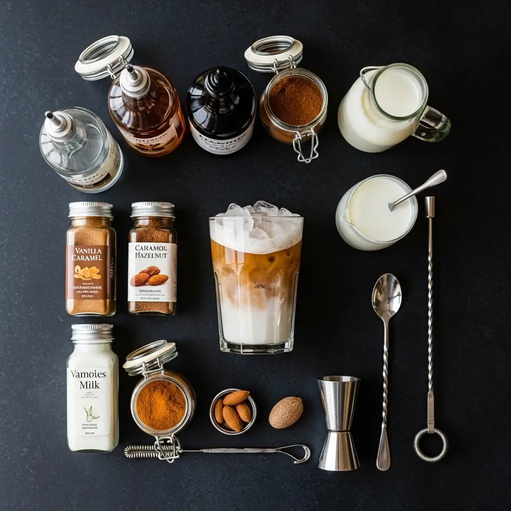 Iced coffee flavor setup with syrups, spices, milk options, and barista tools arranged like a flavor toolkit.