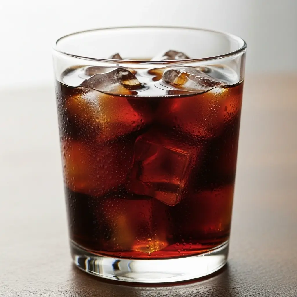 Glass of dark Starbucks cold brew over ice on a clean surface with soft lighting.