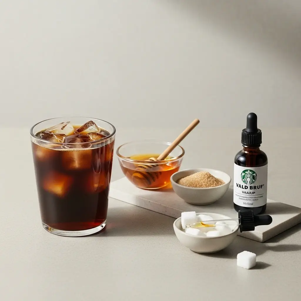 Starbucks cold brew with ice next to sweetener options like honey, syrup, and sugar cubes.