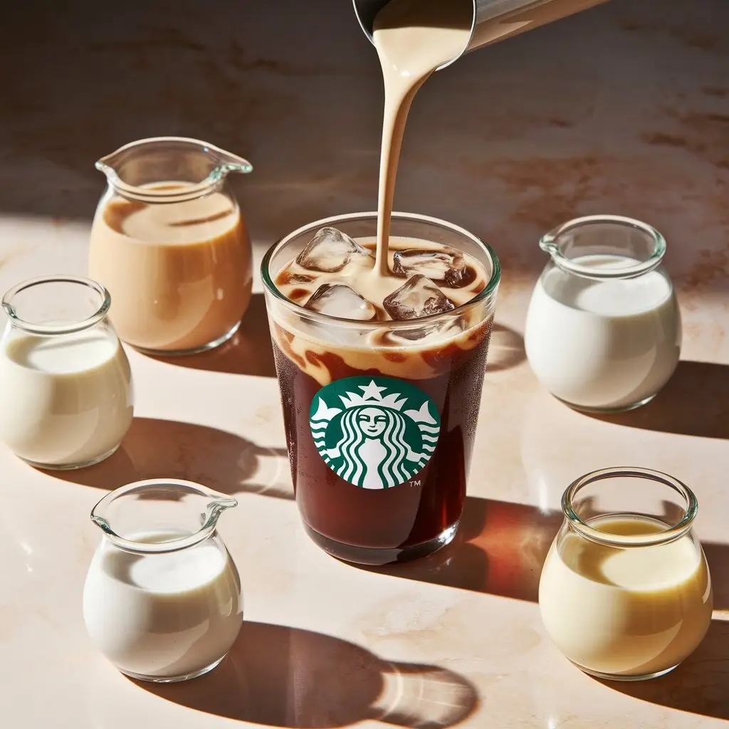 Cold brew coffee with milk swirling in and various milk and creamer options nearby.
