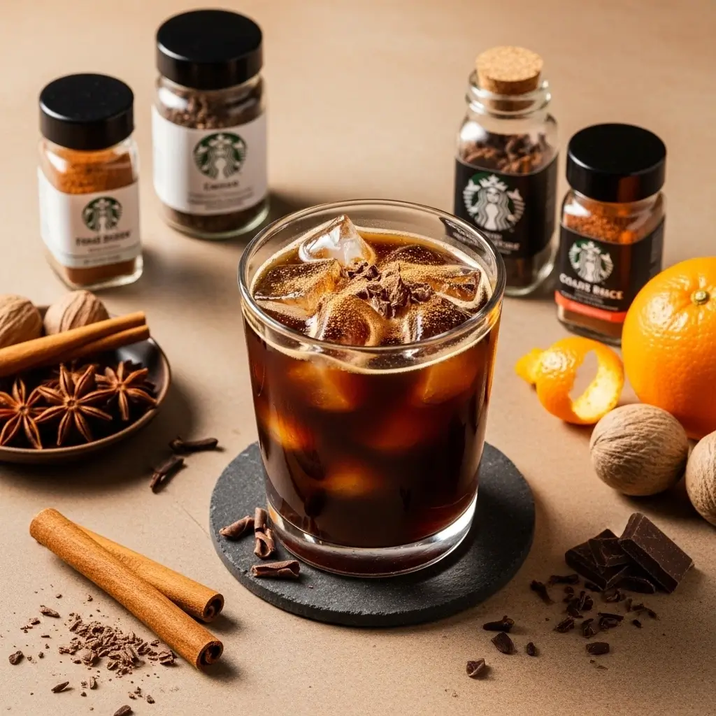 Cold brew iced coffee with spices and mix-ins like cinnamon, chocolate, and orange peel.