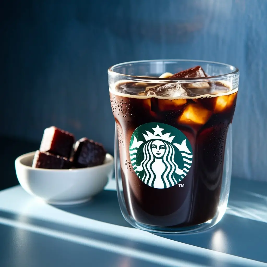 Starbucks cold brew filled with coffee ice cubes and extra cubes on the side in a dish.
