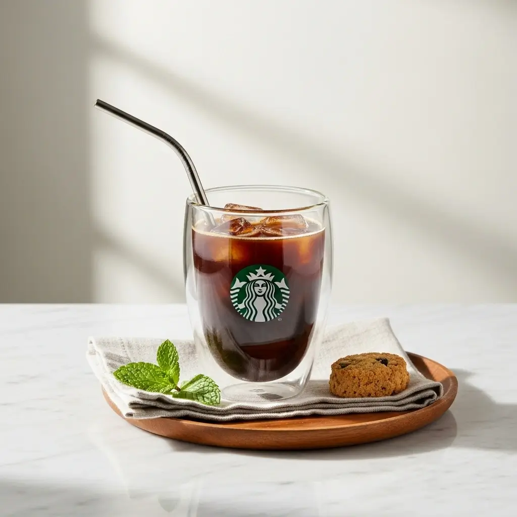 Starbucks cold brew served with a metal straw on a tray with mint, cookie, and napkin for stylish presentation.
