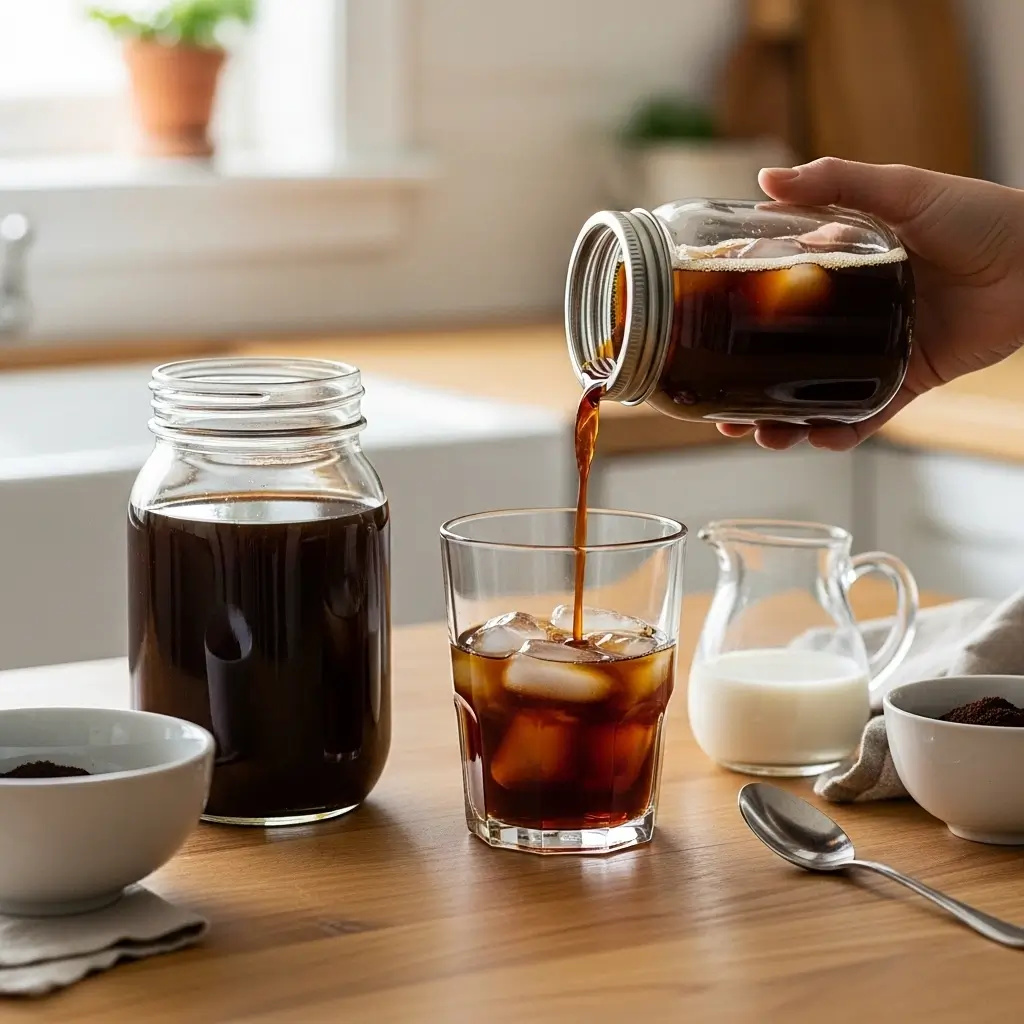 DIY Starbucks-style cold brew setup with mason jar, iced glass, milk pitcher, and coffee grounds.