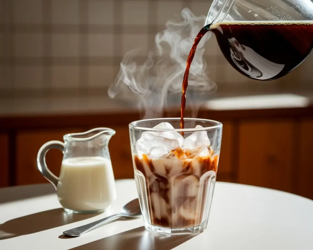 Hot coffee poured over ice in a clear glass with milk pitcher nearby for a fast iced coffee recipe.
