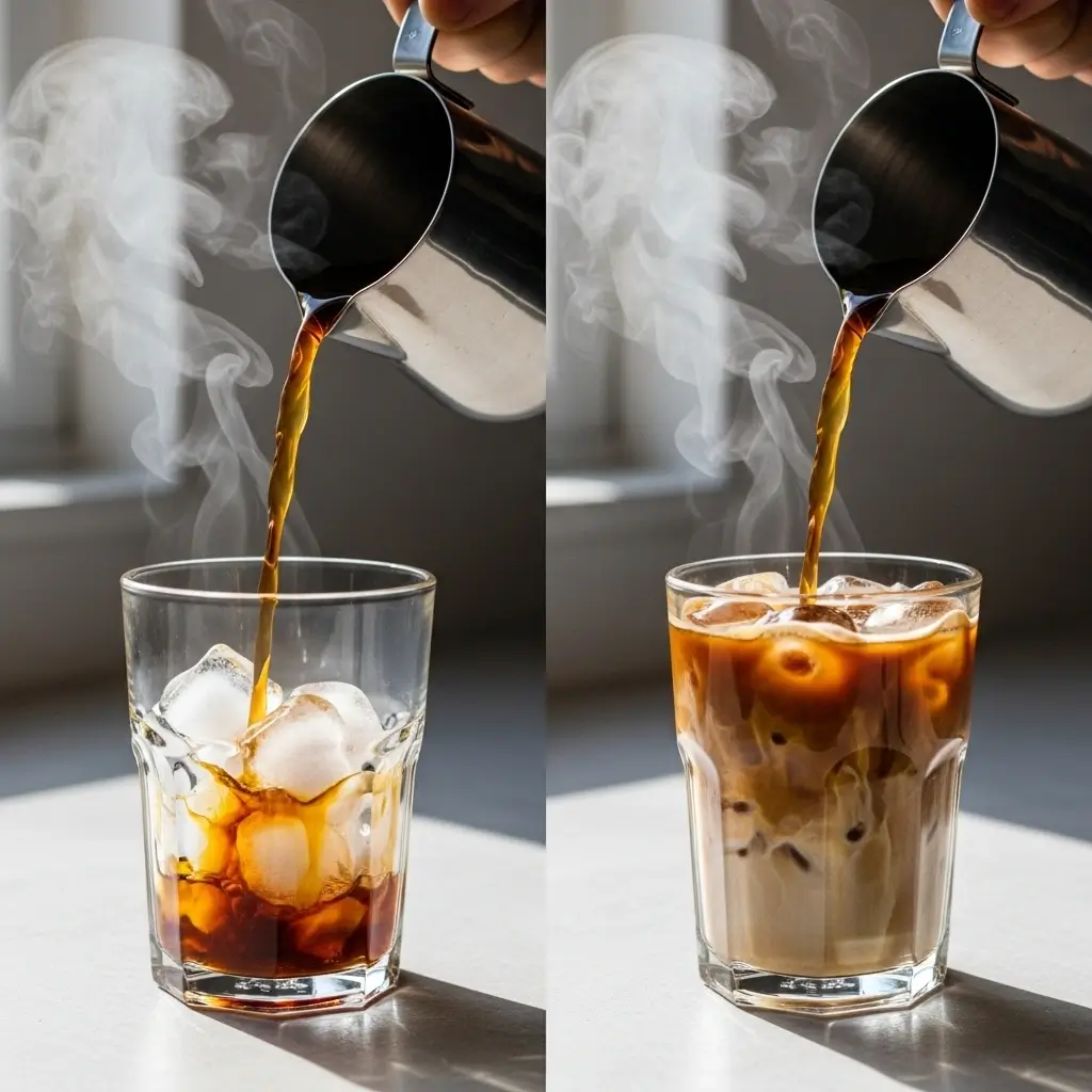 Hot coffee being poured over ice on one side and finished iced coffee on the other to show the science of cooling.