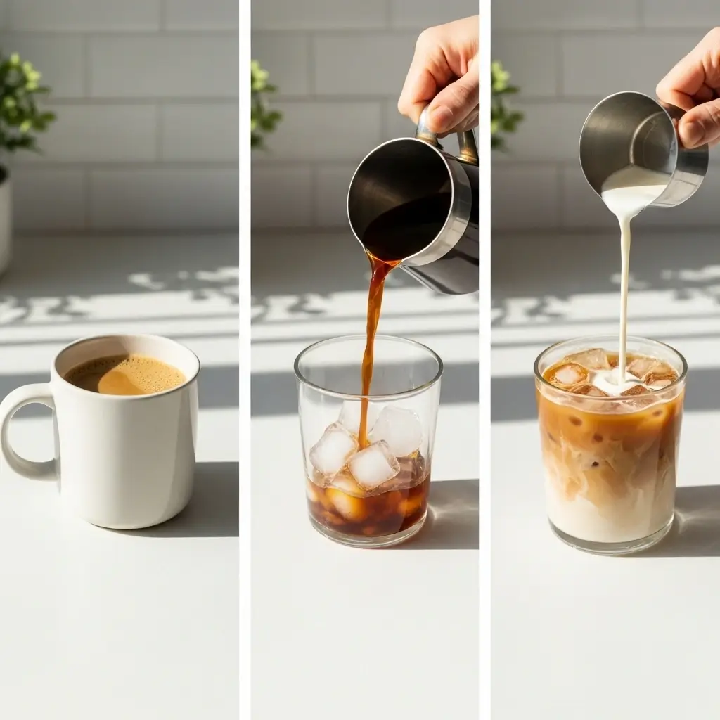 Three-step visual of making iced coffee: hot brew, pouring over ice, and adding milk.