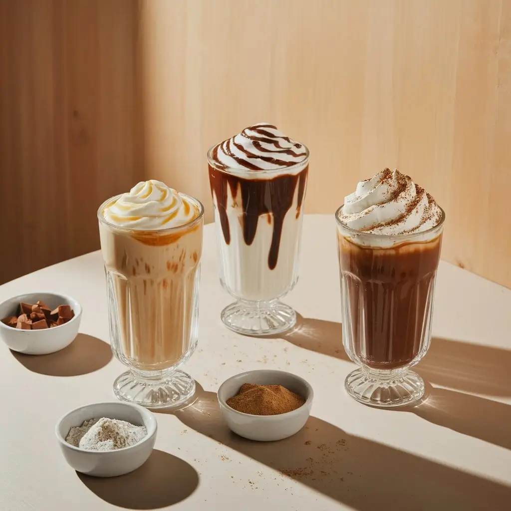 Three creative iced coffee drinks made from hot coffee, featuring flavors like vanilla, chocolate, and cinnamon.