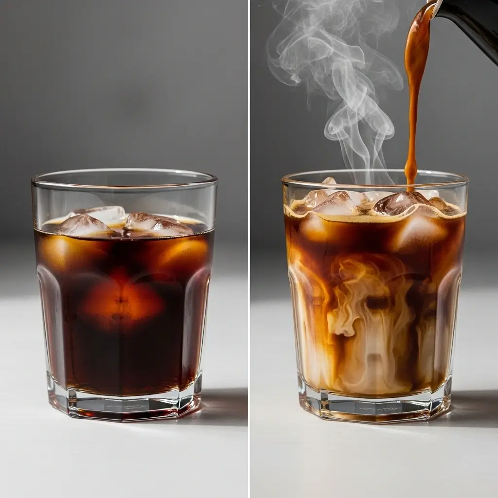 Side-by-side glasses of cold brew and hot coffee poured over ice to show the difference and speed.