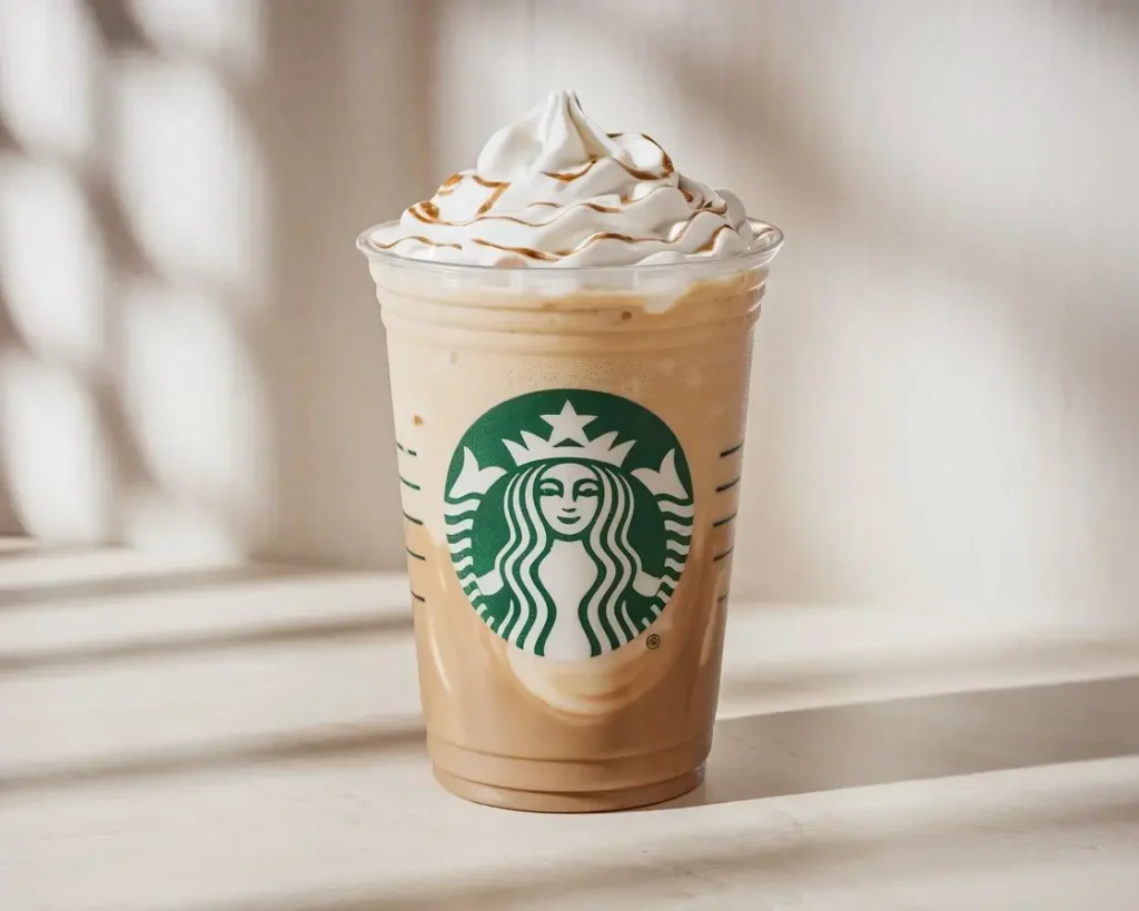 Light Starbucks-style coffee frappuccino in a clear cup with whipped cream on top.