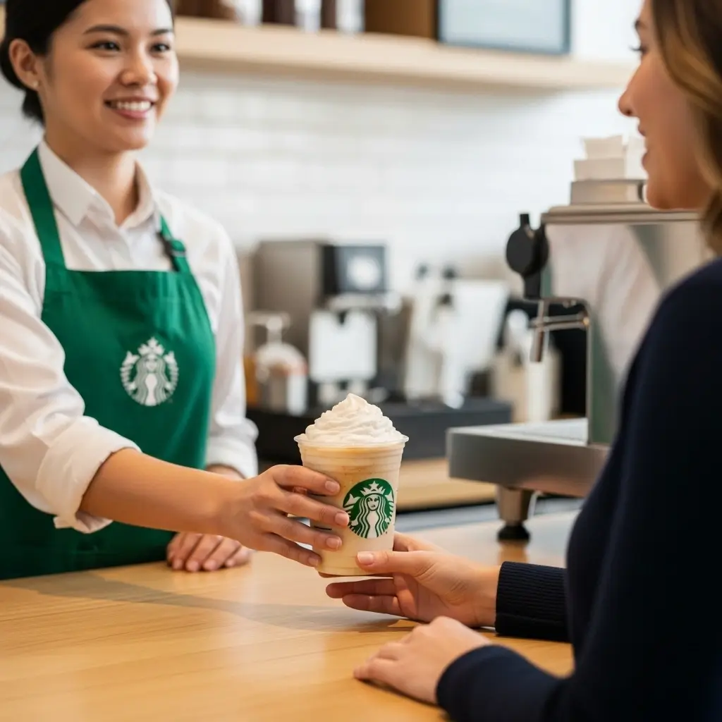 Barista handing a Starbucks light coffee frappuccino to a customer at the counter.