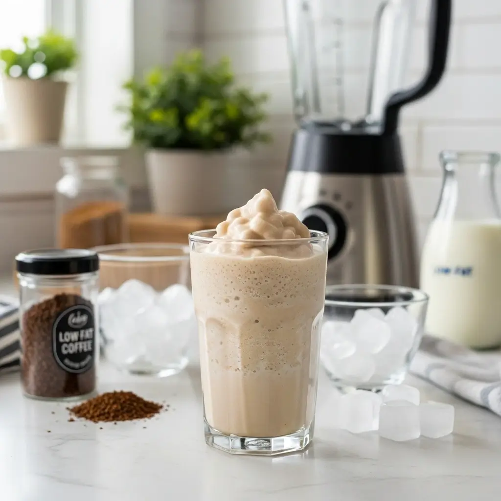 Homemade light coffee frappuccino in a clear glass with coffee, ice, milk, and blender on a kitchen counter.