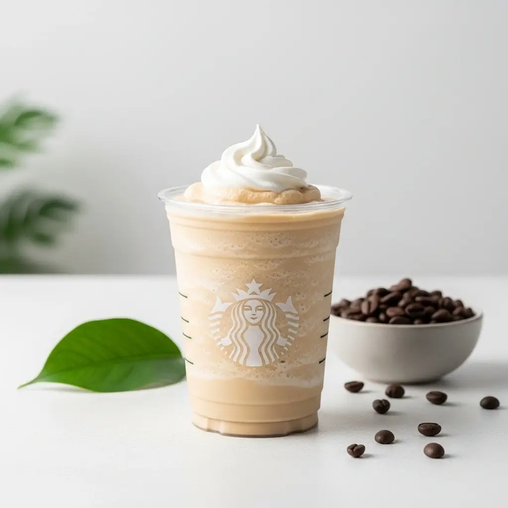 Starbucks light coffee frappuccino with whipped cream on a clean surface alongside coffee beans and a green leaf.