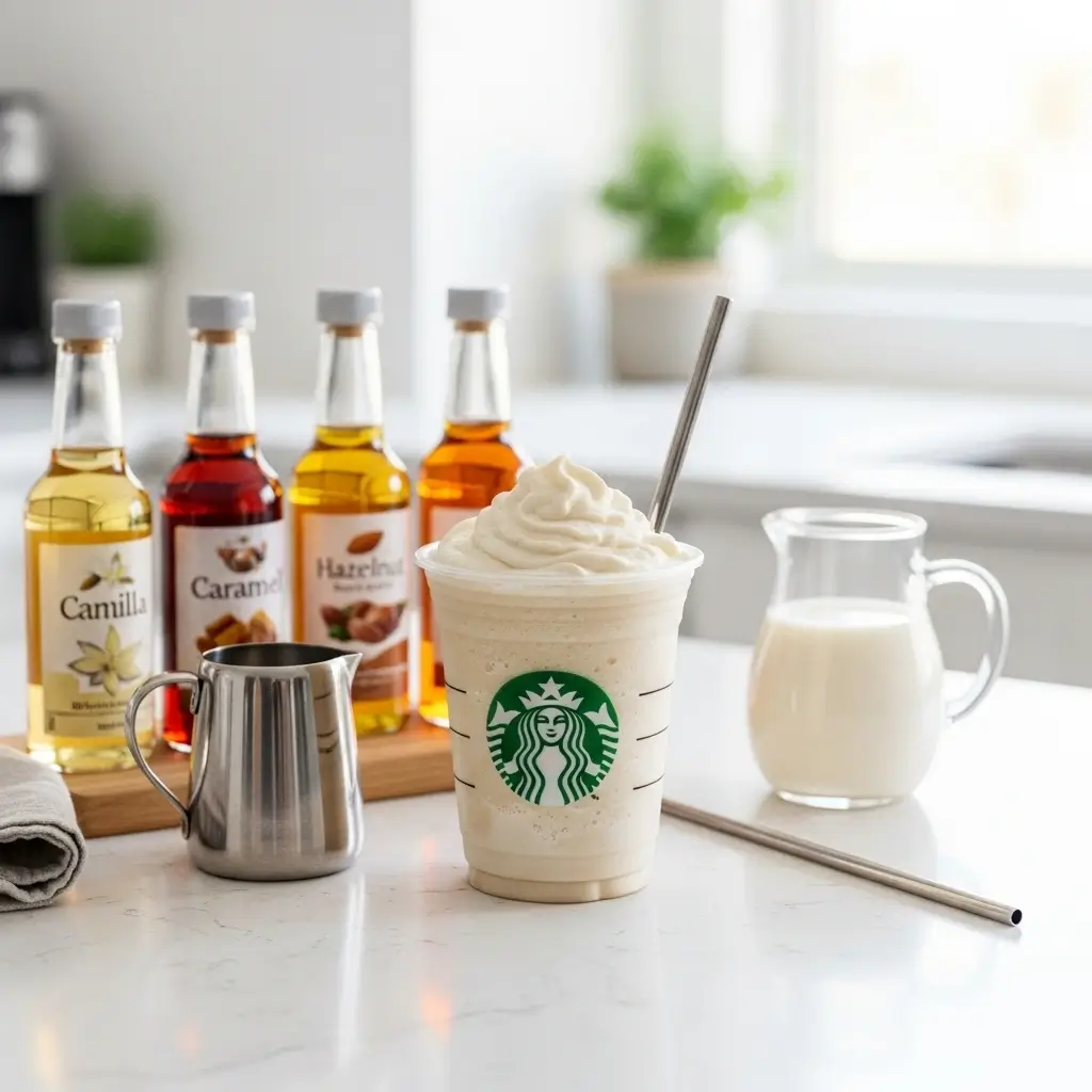 Starbucks light coffee frappuccino surrounded by flavored syrups, almond milk, and a metal straw for customization.