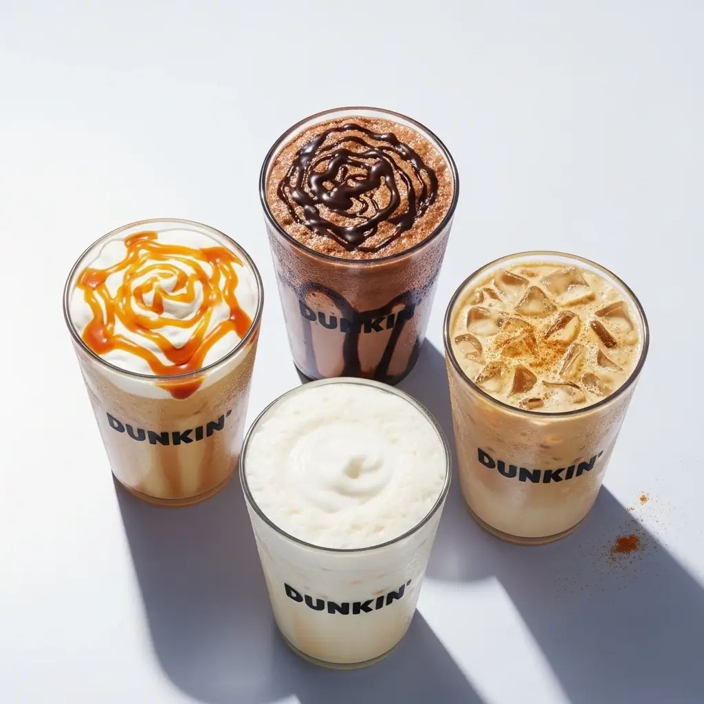 Four Dunkin iced coffee cups featuring caramel, mocha, vanilla, and hazelnut flavors in a colorful flat lay.