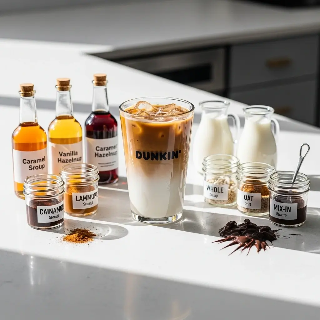Dunkin iced coffee surrounded by syrups, milk options, and flavor mix-ins for customization.