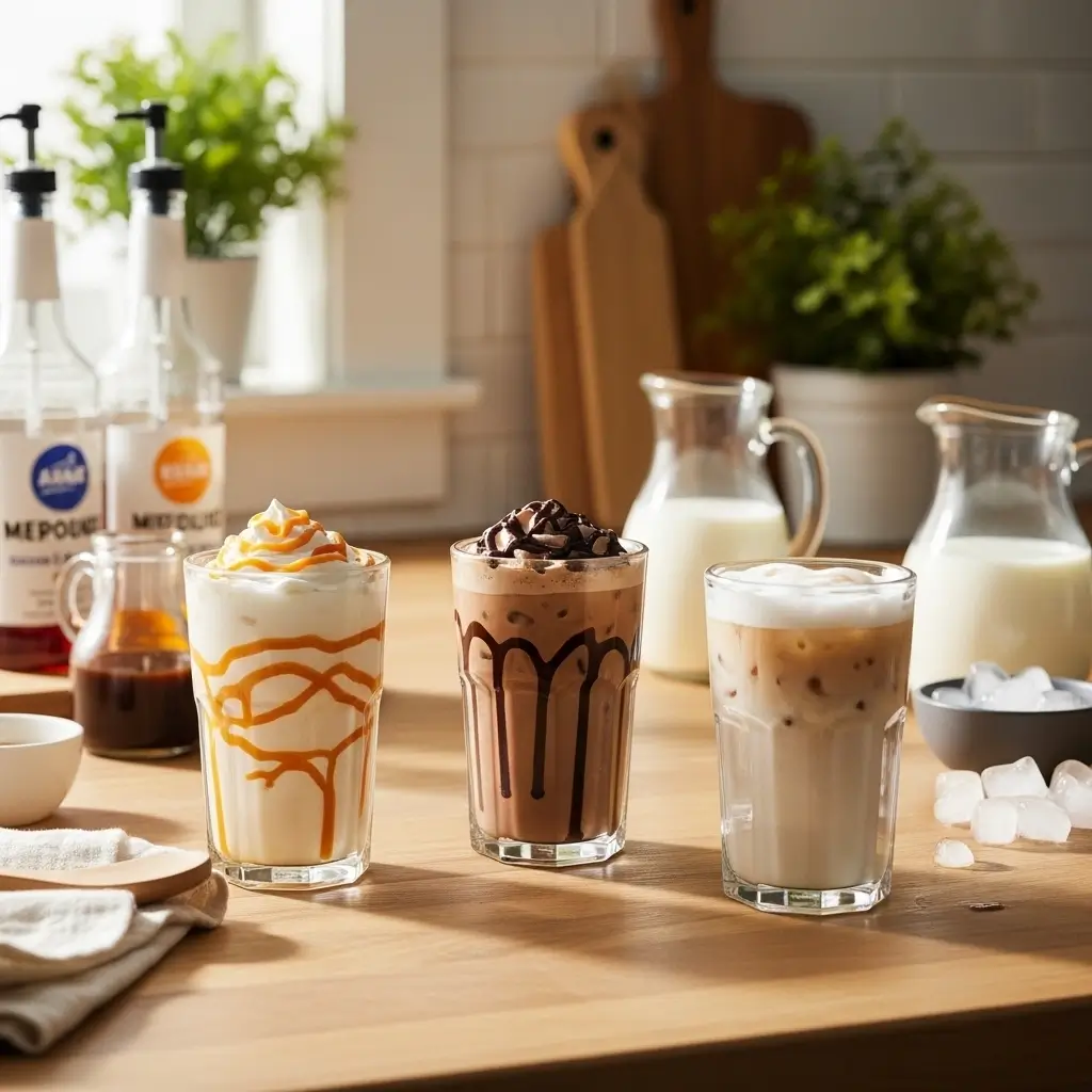 Three homemade Dunkin-style iced coffee flavors — caramel, mocha, and vanilla — on a kitchen counter with ingredients.