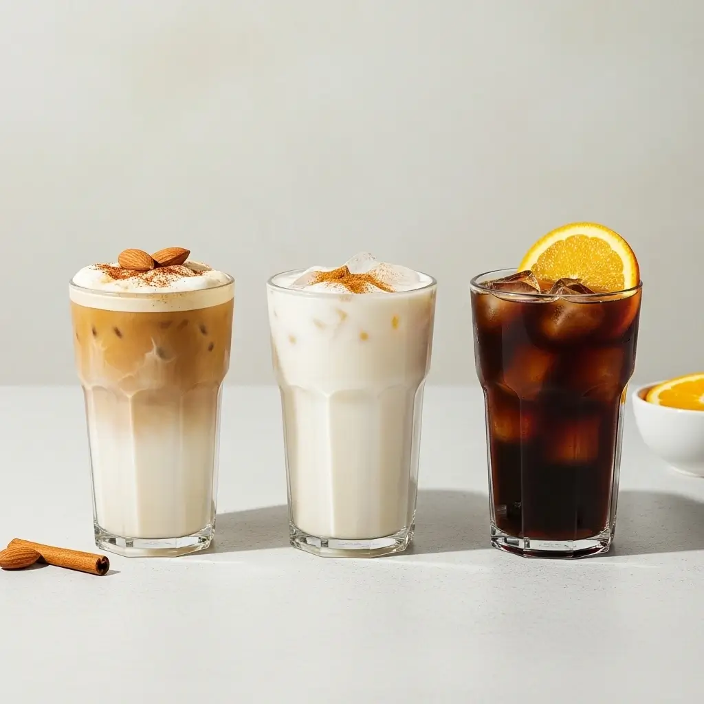 Three Dunkin-style iced coffees made with almond milk, oat milk, and black with citrus — all healthy alternatives.