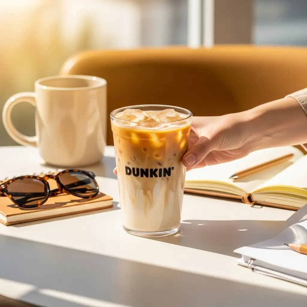 Hand reaching for Dunkin iced coffee on a sunny table with notebook and sunglasses.