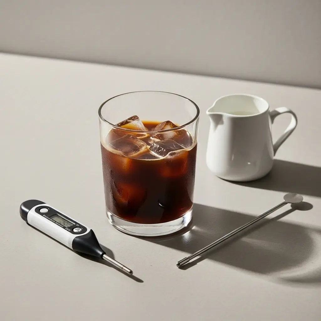 Iced coffee with tools like milk, stirrer, and thermometer arranged for pro-level brewing tips.