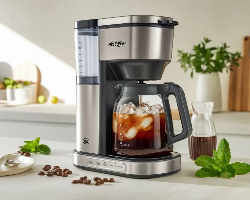 Mr. Coffee iced coffee maker brewing coffee into an ice-filled glass pitcher on a kitchen counter.