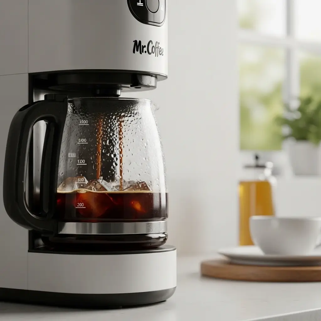 Close-up of Mr. Coffee iced coffee maker brewing coffee concentrate into a glass carafe filled with ice.
