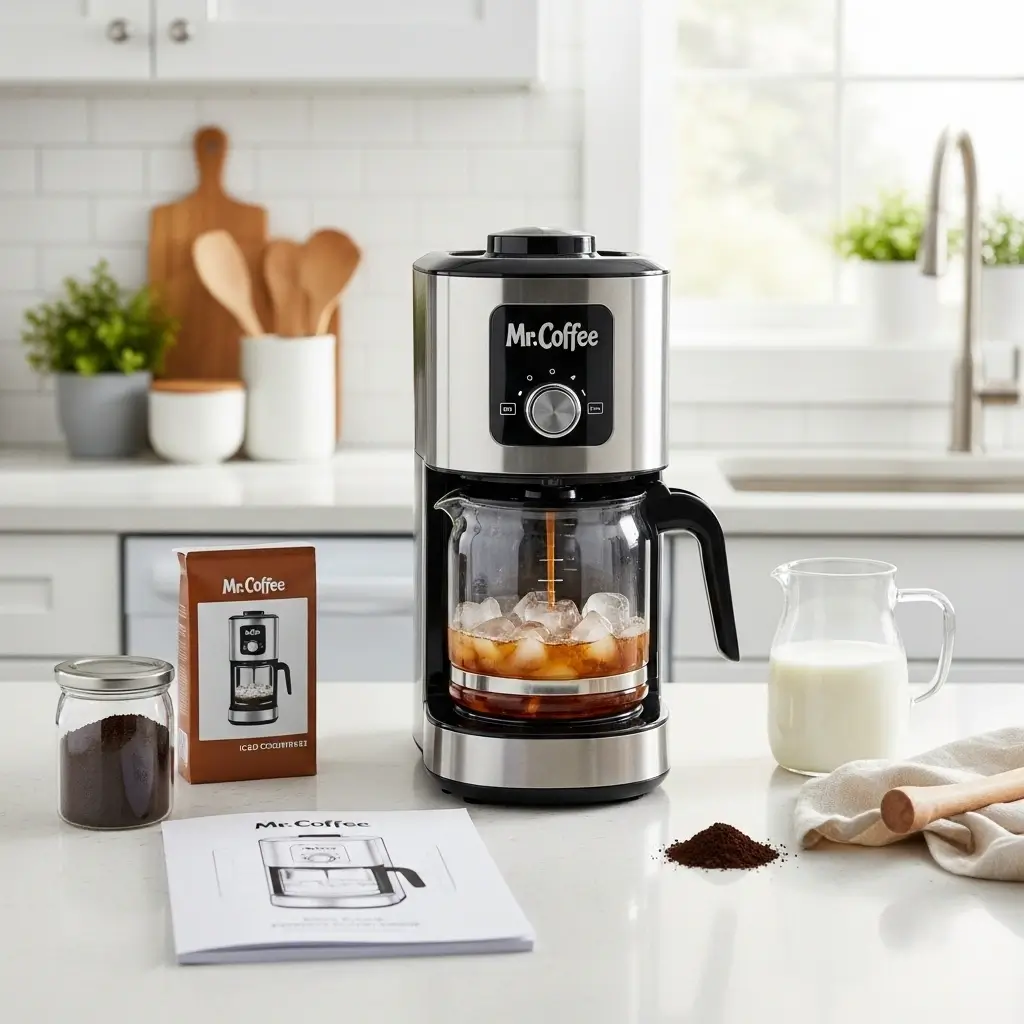 Mr. Coffee iced coffee maker brewing into a glass carafe with ice, with coffee grounds and milk pitcher nearby.