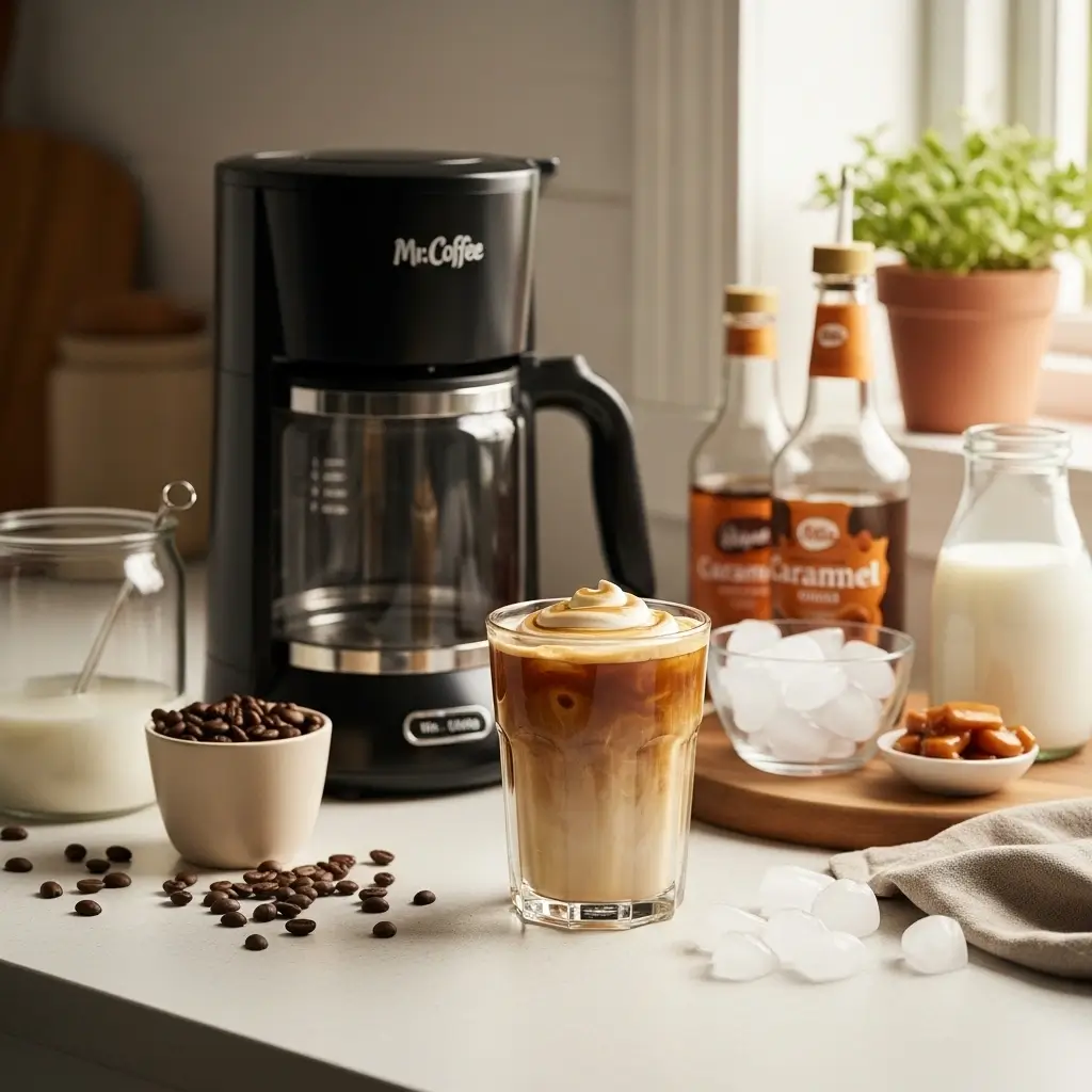 Iced coffee made with Mr. Coffee maker, topped with cream, surrounded by coffee beans, ice, milk, and caramel syrup.