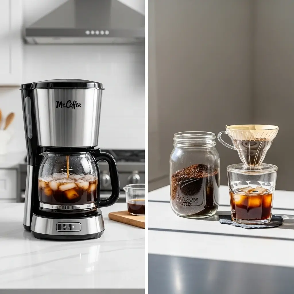 Side-by-side comparison of Mr. Coffee iced coffee maker and other iced coffee brewing methods including cold brew and pour-over.