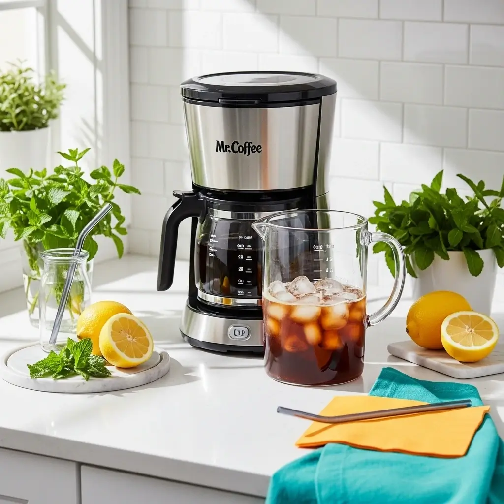 Mr. Coffee iced coffee maker brewing into an ice-filled pitcher with summer garnishes on a sunny kitchen counter.